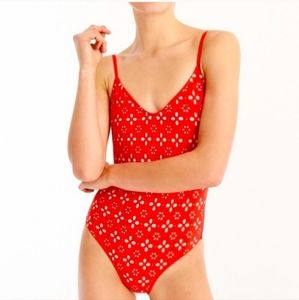 J. Crew Eyelet Halter One-Piece swimsuit in laser-cut eyelet red size 8 nwot